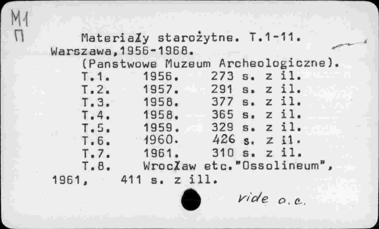 ﻿Ml
П	MateriaZy starozytne. T.1-11.
Warszawa,1956-1968.
(Panstwowe Muzeum Archeologiczne).
T.1.	1956.	273	s.	z	il.
T.2.	1957.	291	s.	z	il.
T.3.	1958.	377	s.	z	il.
T.4.	1958.	365	s.	z	il.
T.5.	1959.	329	s.	z	il.
T.6.	1960.	426	s.	z	il •
T.7.	1961.	310	s.	z	il.
T.8.	WrocZaw	etc.	"Ossolineum",		
1961 ,	411 s. z ill.				
	•				O. C-,